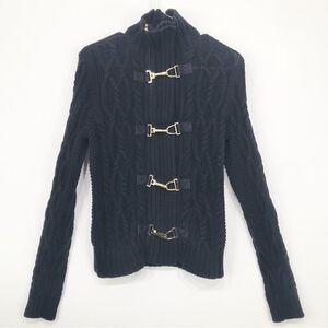 Lauren Ralph Lauren Blue Black Gold Buckle Up Thick Cable Knit Cardigan Sweater
